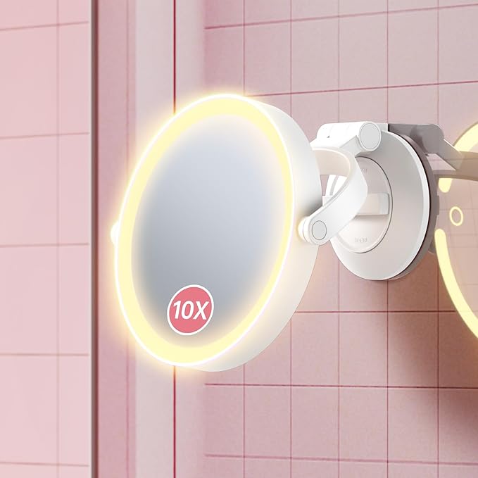 Benbilry Suction Cup Magnifying Mirror with Light 10X, Wall Mounted Makeup Mirror with Suction Cup for Bathroom, 3 Color Lights and Adjustable Brightness, 2 in 1 Tabletop for Desk - White