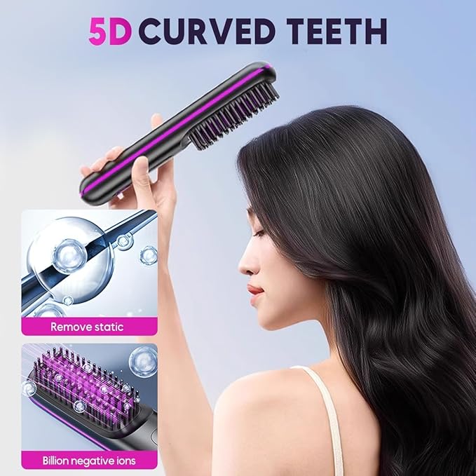 Go Brush Pro - Cordless Hair Straightener, USB Charging, Fast Heating, with LCD Display, Brush Portable Comb for Travel for All Hair Types