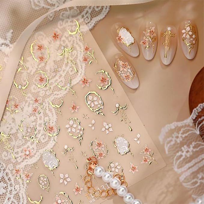 Gold Flower Nail Stickers Spring Nail Stickers for Nail Art 5D Embossed Pearl Gold Edge Petals Nail Decals Spring Summer Flower Nails Supplies for Women DIY Nail Art Decorations