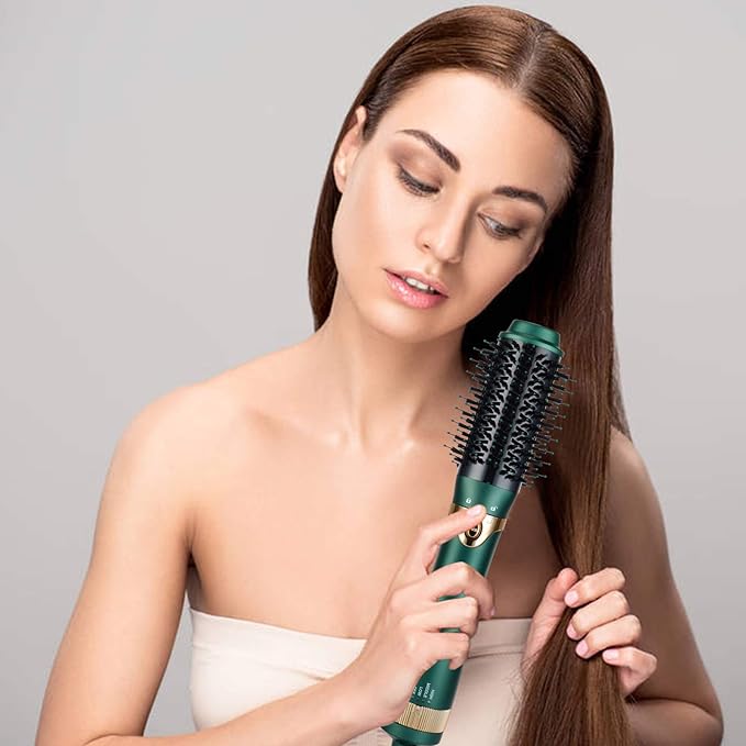 3 in 1 Hair Dryer & Volumizer, Ceramic Negative Ion Curling Dryer Styler with 3 Interchangerable Brush Heads (Green)