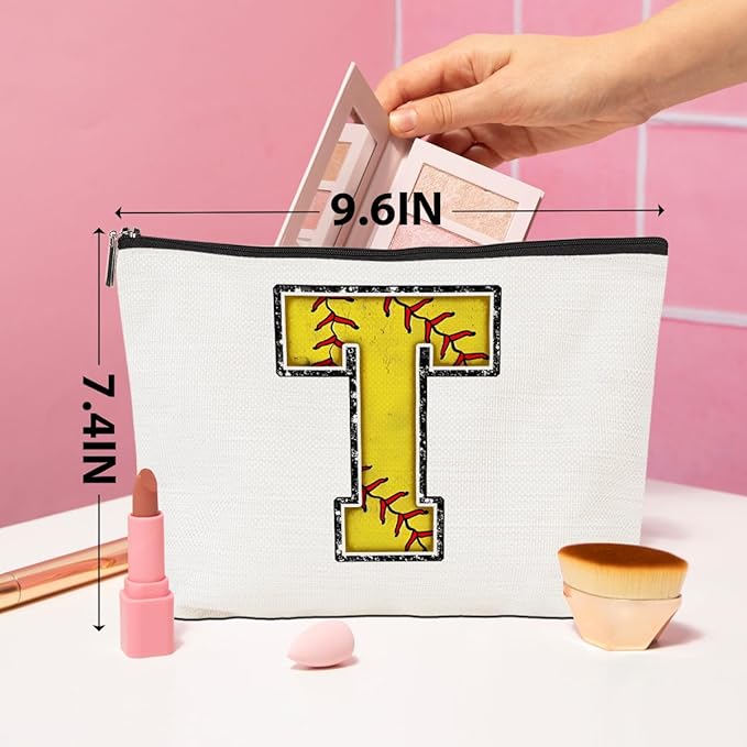 CQM Softball Gifts Initial Makeup Bag Monogrammed Cosmetic Bag Letter T Zipper Pouch Softball Accessories for Girls Women Player Coaches Friend Graduation Birthday Gifts