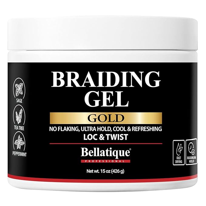 BELLATIQUE GOLD Braiding Gel Maximum Hold for LOC & Twist - No Flaking, No Whitening, Fast Drying, High Shine, Cool & Refreshing, Long Lasting Hold (15 oz)