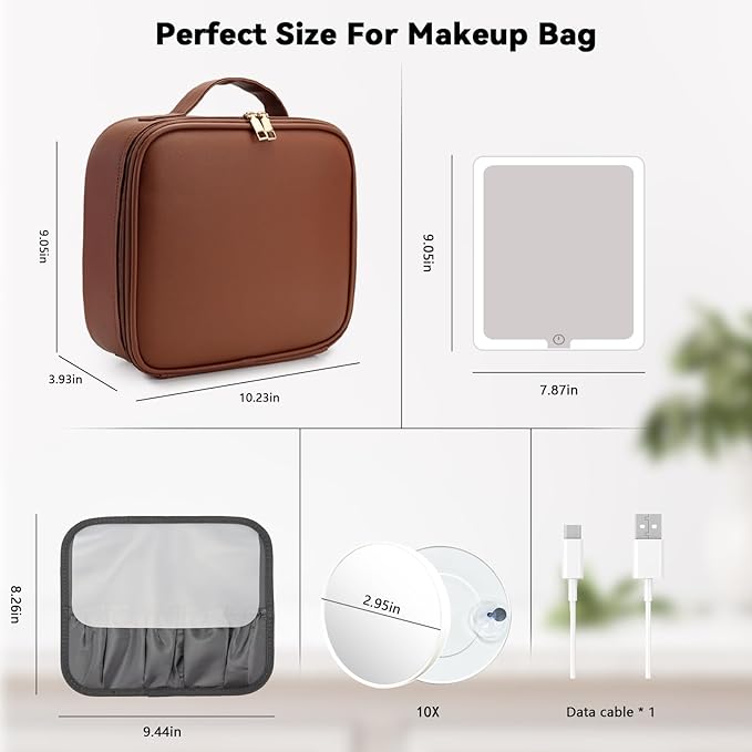 SLUMAZI Travel Makeup Bag with LED Mirror and 10x magnifying glass with 3 Lighted Settings, Adjustable Dividers and Makeup Brush Storage Bag Dark Brown