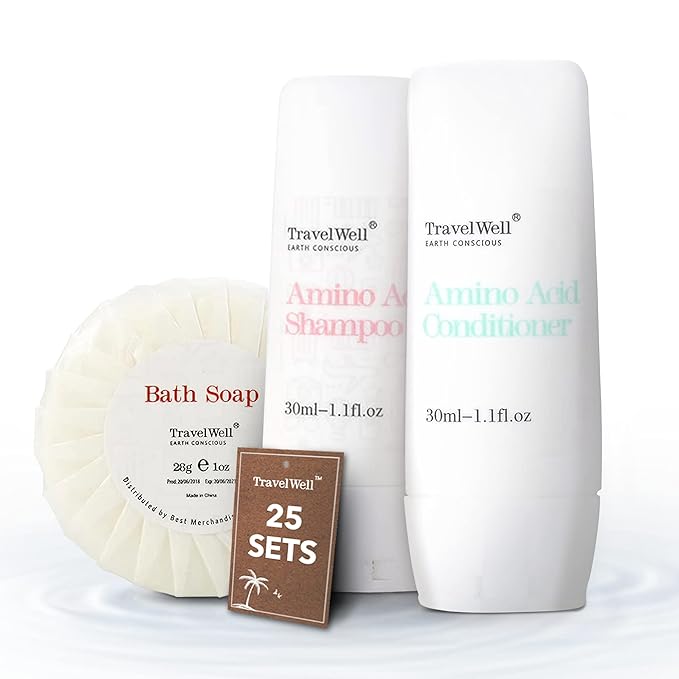 Travel Well Mini Shampoo & Conditioner Set - Amino Acid Travel Shampoo & Conditioner - Paraben-Free Mini Soap Bars Guest Bathroom Toiletries - 25 Bottles (1.01 Fl Oz) & 25 Bars (28 g)
