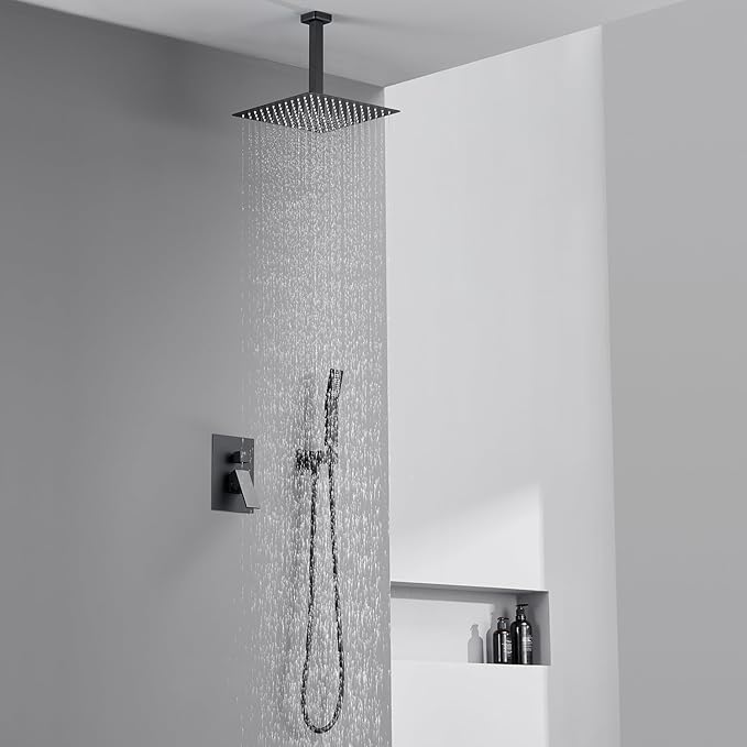 Artiqua Shower System 12 Inches Rain Shower Combo Set Black Ceiling Mount Shower Faucet Bathroom Faucets with Rainfall Shower Head and Hand Shower
