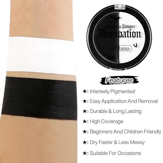 Black and White Face Paint Makeup, White Foundation Goth Makeup Cream To Powder Greasepaint, Emo Clown Cosplay Face Painting Full Coverage, Eye Black Body Paint Halloween SFX Cary Skeleton Costume