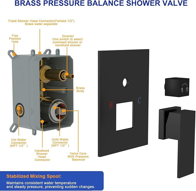 Dcolora 10 In. Rainfall Shower System with Handheld, Matte Black Shower Faucet Set for Bathroom, Brass Valve, 304 Stainless Steel, Anti-Scald cUPC Certified (Matte Black, 10 Inch)