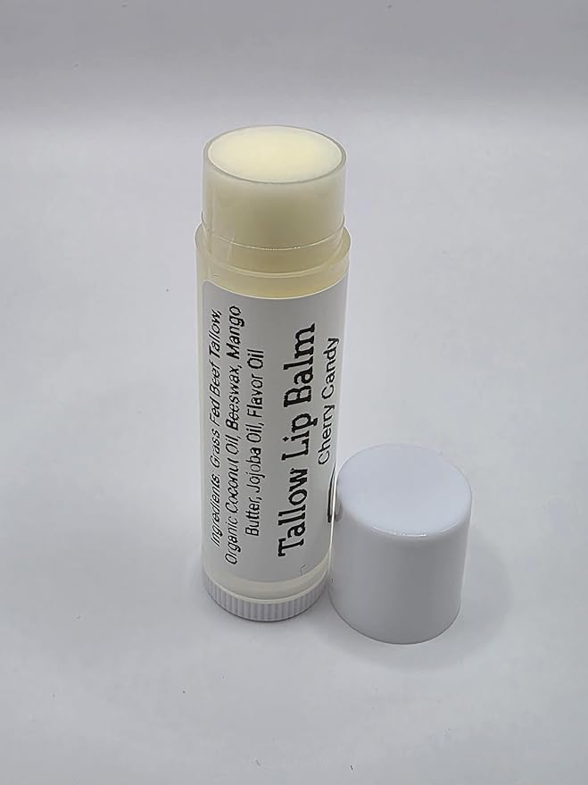 Tallow Lip Balm (Cherry Candy) Handmade Grass Fed Beef Tallow Lip Balm with Nourishing Oils (3 Pack)