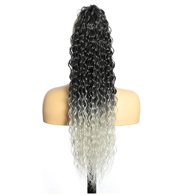 Deep Wave Ponytail Extension for Women 12 Inch Black to Gray Curly Wavy Ponytail Hair Extensions Drawstring with Clips Short Synthetic Hairpiece for Daily and Party