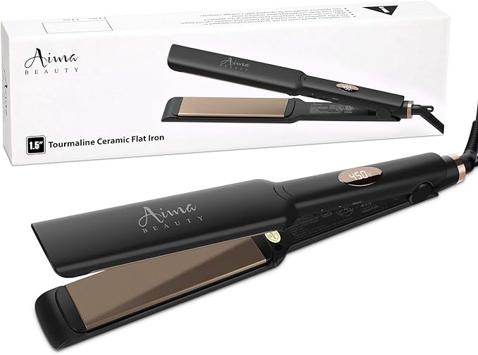 Aima Beauty Hair Straightener, 1.5 inch Extra Wide Flat Iron with 3D Floating Ceramic Coating Plates & LCD Temp Display Dual Voltage for Travel, Black