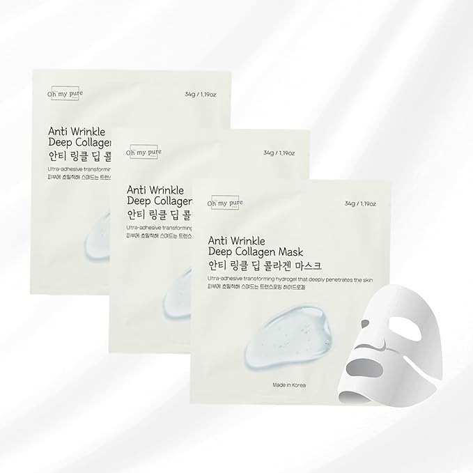 Oh My Pure AntiWrinkle Deep Collagen Hydrogel Korean Face Mask 3 EA, Ultimate Hydration, Glowing Skin, Made in Korea