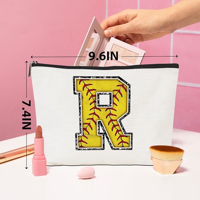 CQM Softball Gifts Initial Makeup Bag Monogrammed Cosmetic Bag Yellow Letter R Zipper Pouch Softball Accessories for Girls Women Player Coaches Friend Graduation Birthday Gifts