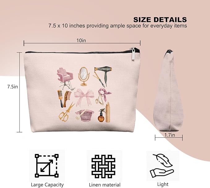EKGJW Pink Hairstylist Makeup Bag for Women, Cute Cosmetology Student Gifts,Hairdresser Travel Organizer Bag, Aesthetic Salon Accessory Pouch, Gifts for Teen Girls 7.5 x 10 in