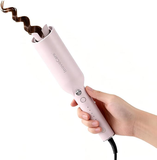 Upgraded Automatic Rotating Curling Iron - CurlPro Plus Long Barrel Curling Wand for Long Hair, Ceramic Hair Curler for Women, Anti-Scald, Tangle-Free, 600M Ionic, Dual Voltage (Misty Rose)
