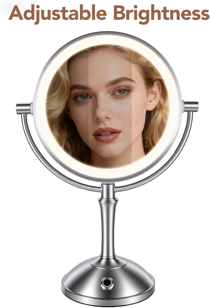 PJE Vanity Mirror with Lights,360 Mirror Magnifying Mirror with Light 10X,3 Light Settings Rechargeable Makeup Mirror,Dimmable Touch Control Tabletop Makeup Mirrors with Lights for Home,Hotel & Salon