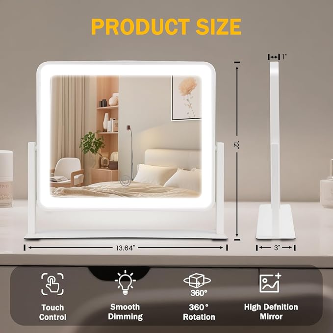 Vanity Mirror with Lights, 14"×12" LED Makeup Mirror, HD Professional Mirror, Smart Touch with 3-Color Lighting, Dimmable, 360° Rotation, Lighted Up for Makeup Desk, Bedroom (White)