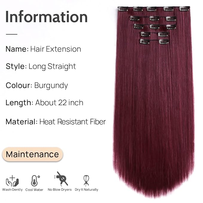 Burgundy Clip in Extension Straight 22" Long Synthetic Thick Clips on Hair Piece for Women 5PCS Black Curly Wavy 18" Cheap Brown Red White Soft Natural Full Head Weddings Party Daily Use 5 Oz