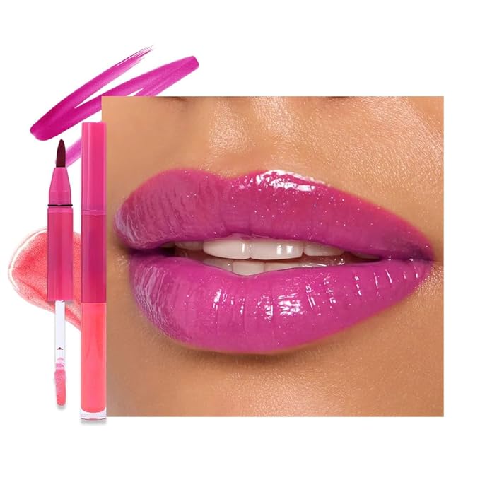 evpct ‌Hot Pink Matte Liquid Lipstick Marker Pen Lip Liner Set with Glitter Lip Oil, 2 in 1 Lipgloss Lipstick Long Lasting Waterproof for Women, Longwear Lips Stain 24hr Original Smudge Proof labial