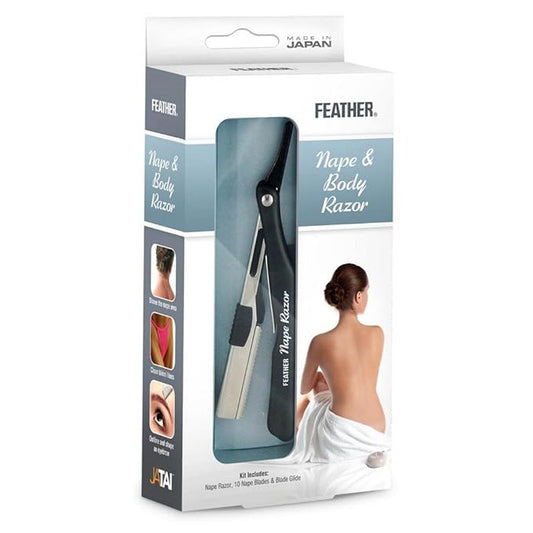 Feather - Nape and Body Razor Kit – Professional Use Hair Cutting Tool - Includes Nape Razor, 10 Nape Blades & 2 oz Blade Glide – Ideal for Nape, Sideburns, Eyebrows, and Bikini Line – Made in Japan