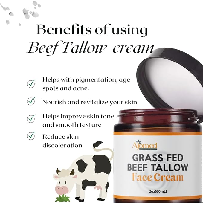 Beef Tallow Face Moisturizer - Grass Fed Beef Tallow for Skin Care- unscented Handmade Tallow face Cream- organic tallow balm for Sensitive Dry Skin, Eczema, Psoriasis, sunburn (OATMEAL & HONEY)
