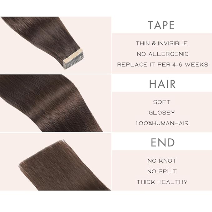 Tape in Hair Extensions Real Human Hair 24 Inch Darkest Brown Double Sided Tape for Skin Weft Hair Extension Invisible Tape in Hair Extensions Straight Remy Human Hair for Women 20pcs (2#,24 Inch)