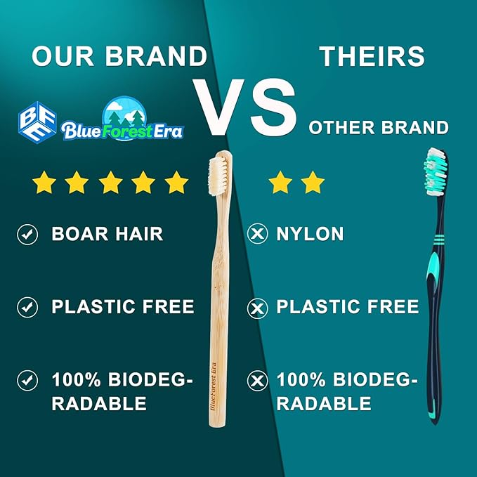 Boar Bristles & Bamboo Toothbrush, Premium Boar Bristle Toothbrush for Adult, Plastic & Nylon Free, Eco-Friendly Natural Biodegradable Compostable Bamboo Tooth Brushes 6 Pack