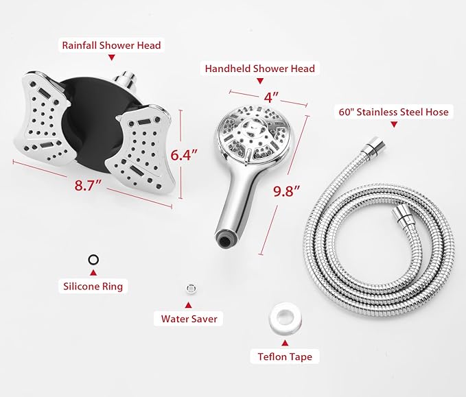 GRICH 1.8GPM Shower Head with Handheld Spray Combo: 2 in 1 Rainfall Shower Heads high pressure & Handheld Shower Head, 9 Spray Modes/Settings Detachable Shower Head with 60 Inch Hose, Chrome