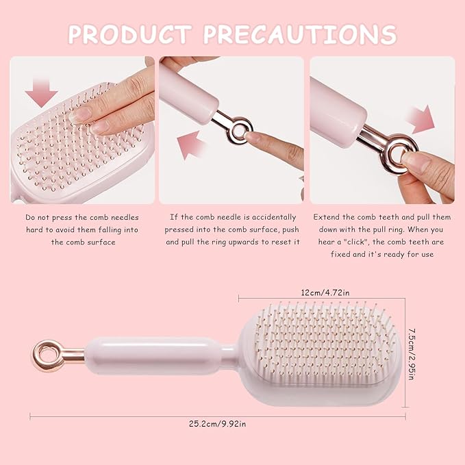 Retractable Cushion Massage Comb,Self Cleaning Hair Brush,Massage Comb With Retractable Bristles,One-pull Clean Anti Static Brushs, Hairs Styling Tools for All Hairs Types (Pink)