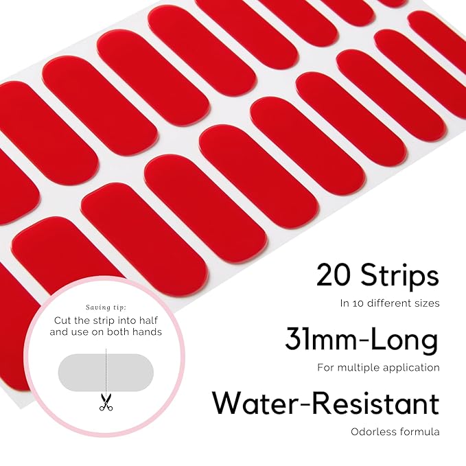 Semi Cured Gel Nail Strips - NAILOG 20 Pcs Red Nail Stickers Extra Long Wraps with Glossy Gel Finishing for Autumn Winter, Carmen