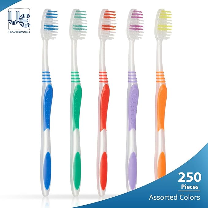 Urban Essentials Bulk Toothbrush Package with Covers | Premium Quality Individually Wrapped Colorful Tooth Brushes | Medium Soft Toothbrush Hygienic Cap for Donations, Travel, Hotels (250 Pack)