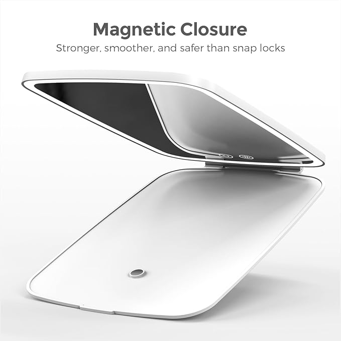 Rechargeable Folding Makeup Mirror with LED Lights, 10" x 7" Large View, 3 Lighting Modes, 2000mAh Battery & Magnetic Closure for Home & Travel (White)