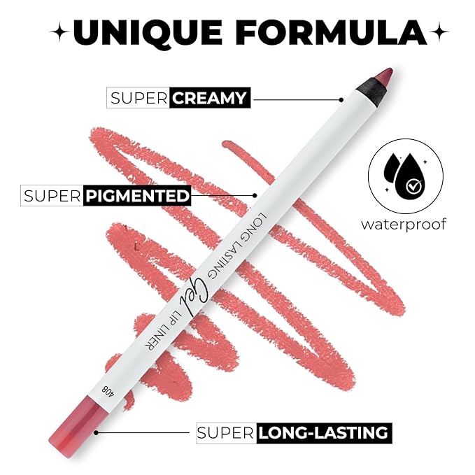 Matte Gel Lip Liner Pencil | Weightless & CreamyTexture - Sharpenable - Longwear & Waterproof - High Pigmented & Flawless Finish - Cruelty-free & Paraben-Free, 408, 1,7g/0.05oz. (Rose Plum)