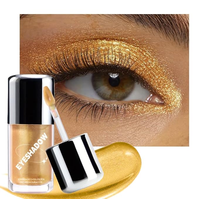 Golden Liquid Metallic Glittler Shimmer Eyeshadow, Longwear Eye Makeup For Older Women, Buildable Highly Pigmented & Blendable Eye Shadow Cream in Shimmer Finishes, Vegan & Cruelty-Free (Golden)