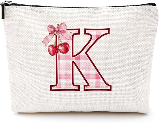 CQM Initial Makeup Bag Monogram Cosmetic Bag Monogrammed Gifts for Women Girls Friends Coworker Bestie Personalized Travel Toiletry Bag Christmas Bridal Shower Wedding Bridesmaid Gifts, Cherry K