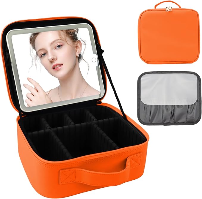 SUILU Travel Makeup Bag with LED Mirror and Light Travel Makeup Case Cosmetic Organizer Portable Cosmetic Brush Organizer Bag with Adjustable Dividers for Cosmetics Makeup Brushes Toiletry (Orange)