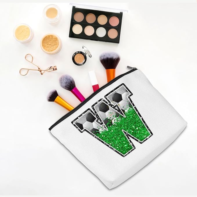 CQM Soccer Gifts Initial Makeup Bag Monogrammed Cosmetic Bag Letter W Zipper Pouch Soccer Accessories for Girls Women Player Coaches Friend Stuff Graduation Birthday Gifts