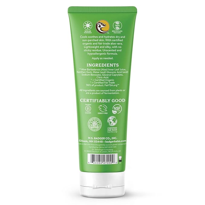 Badger Organic Aloe Vera Gel for Face & Body, 96% Pure Unscented Organic Aloe Gel for Cooling, Soothing, Non-Sticky Sunburn Relief, Vegan, Fair Trade & Hypoallergenic, 4 fl oz, 2-Pack