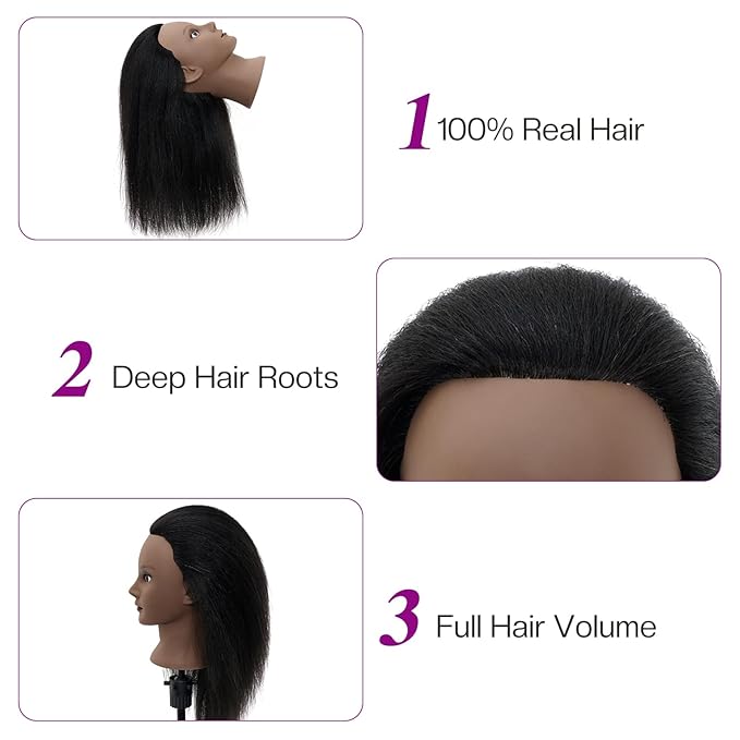 Mannequin Head 100% Real Hair,14”-16” Braiding Mannequin Head with Stand&Table Clamp,Real Hair Cosmetology Manikin Head with Mannequin Head Stand