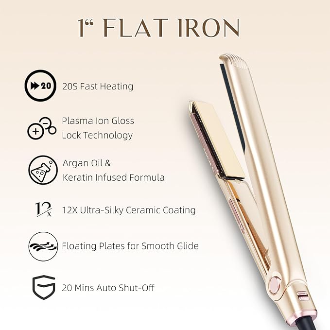 RUCHA 1 Inch Flat Iron Hair Straightener, 30S Fast Heating Ceramic Hair Straighteners for Women, Plasma Ions Hair Straightener and Curler Get Frizz-Free, Mini Hair Straighteners for Travel, Gold