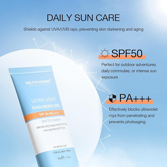 NEUTRIHERBS Upgraded SPF50 Clear Gel Sunscreen with Vitamin C, Lightweight Daily Sun Protector Block UVA/UVB, No White Cast PA+++ Broad-Spectrum - Travel Size 1.7 Oz