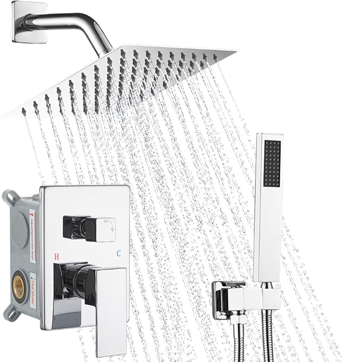 YCAIKOI Chrome Shower System, 8 Inch High Pressure Rain Shower with Handheld, Wall Mount Shower Faucet Set for Bathroom, Rough-in Valve Body and Trim Included