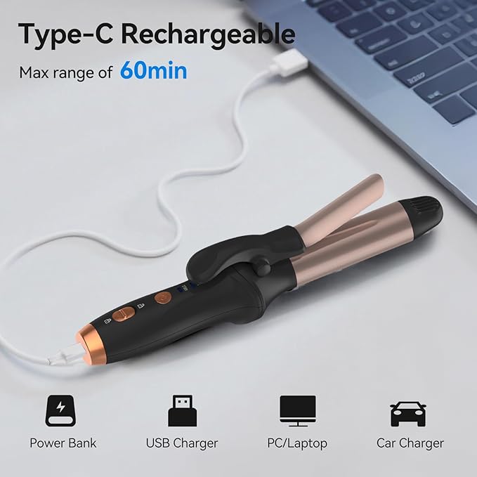 Cordless Curling Iron Hair Curler: Mini USB Rechargeable 4000 mAh 3 Temp Setting Travel Portable 200 Million Negative Ion for Long Short Hair
