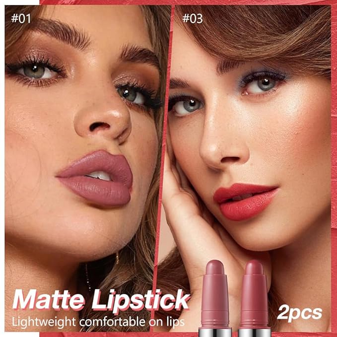 JUAAZIN 2Pcs Matte Lipstick Crayon - High Pigment Creamy Formula, Waterproof Long Lasting, Smooth Glide Application, Non-Sticklipstick, Ultra Thin Lightweight, Velvet Matte Lip Feel for Women 01#+03#