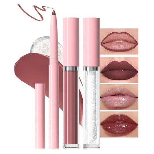 3-in-1Deep Burgundy Matte Lip Stain Kit | Waterproof Lip Liner + Hydrating Matte Lip Gloss + Nourishing Lip Oil | Long Lasting Plumping to Create Perfect Lip Makeup.08#