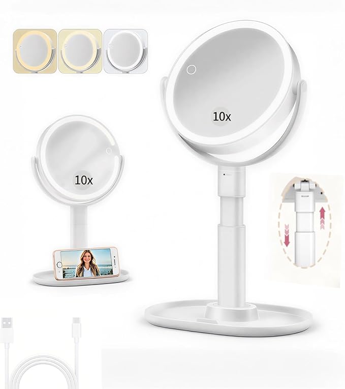 Makeup Mirror with Lights, Double Sided 1x/10x Magnifying Mirror，Rechargeable 3 Color Lights & Adjustable Brightness and Height LED Vanity Mirror, 360° Rotation Detachable Travel Make Up(White)