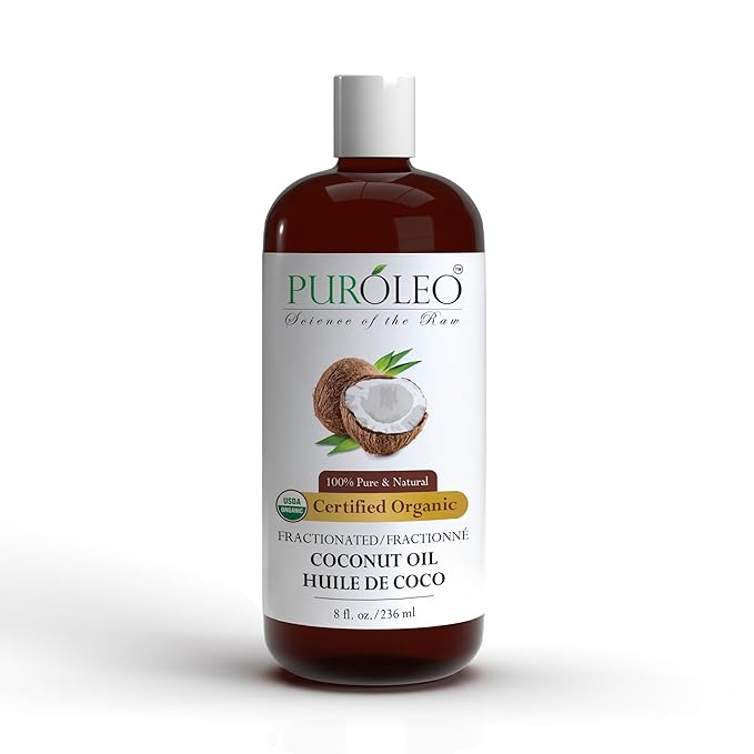 PUROLEO Organic Certified USDA Fractionated Coconut Oil 8 Fl Oz/236 ML (Packed in Canada) – 100% Natural & Odorless Moisturizer & Carrier Oil for Hair, Skin, Body, Massage, Makeup Removal
