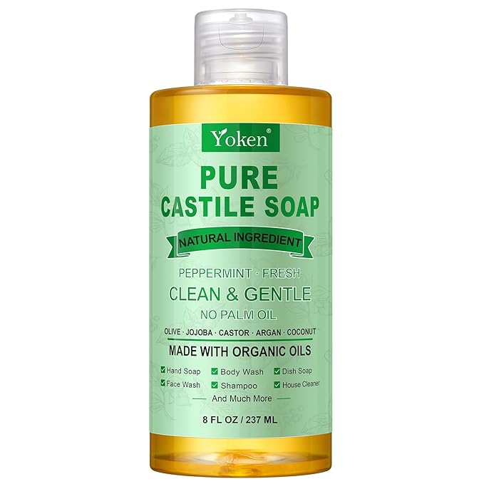 Yoken Peppermint Castile Soap Liquid 8 OZ, Made with Certified Organic Oils, Gentle Peppermint Soap for Body Wash, Face, Hands, Dishes, Laundry & More - Vegan & Natural Ingredients Versatile Cleanser