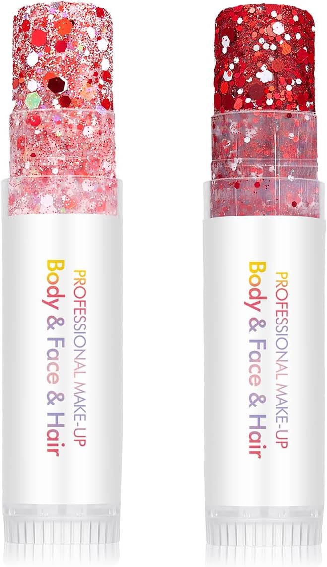Body Glitter Stick for Face, Body & Hair - Red & Pink Chunky Sparkle Glitter, 2 Pack | Long Lasting Party Makeup for Festival, Rave, Concert & Cosplay