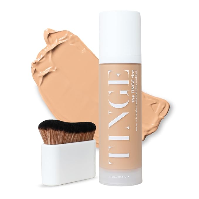 Tinge Body Makeup & Brush Bundle, 48-Hour Medium Coverage Tint with Hyaluronic Acid, Semi-Matte, Water & Transfer Resistant, Vegan, Kabuki Brush for Streak-Free Blending, Medium Cool, 3.38 Fl Oz