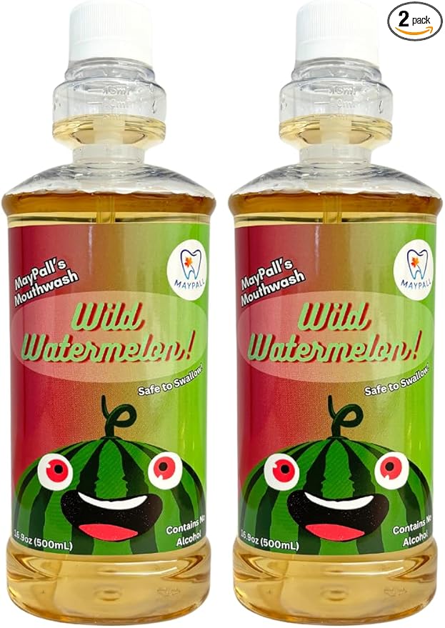 Watermelon Flavored Kid's Mouthwash, Safe to Swallow, Natural, Promotes Healthy Teeth, Gentle Taste, No Burn, Fluoride Free, Alcohol Free, 16.9oz (Pack of 2).